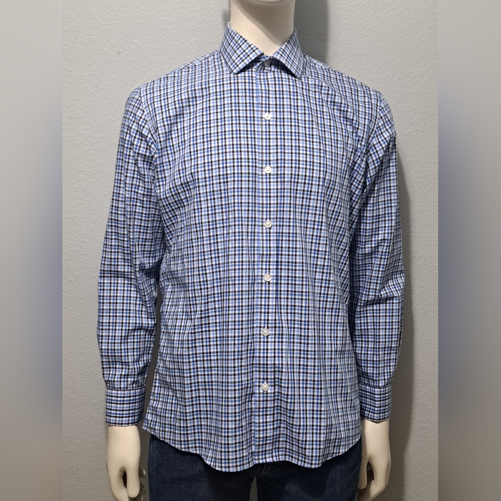Esquire Men's Blue, Black, & White Plaid Cotton Button Up Shirt, Size 16.